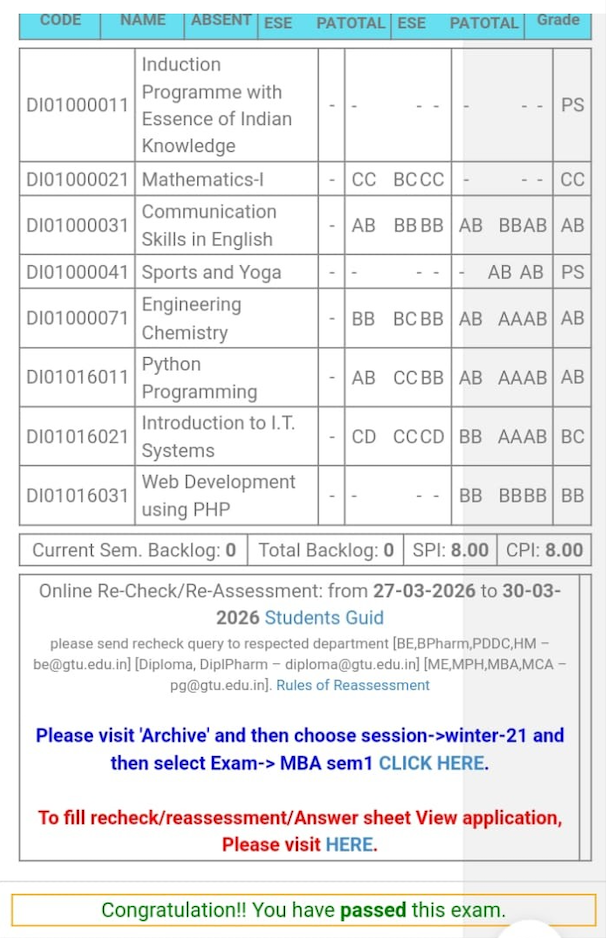 Diploma semester result: Student 1
